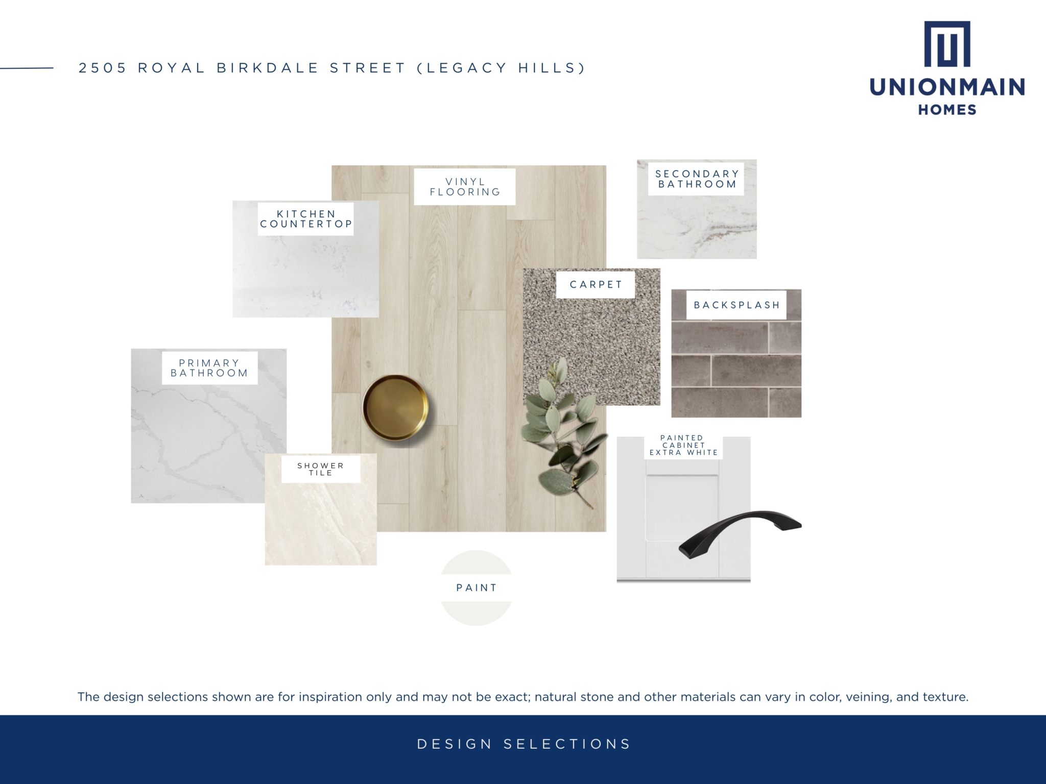 The design selections in 2505 Royal Birkdale Street showing the flooring, cabinets, countertops and more.