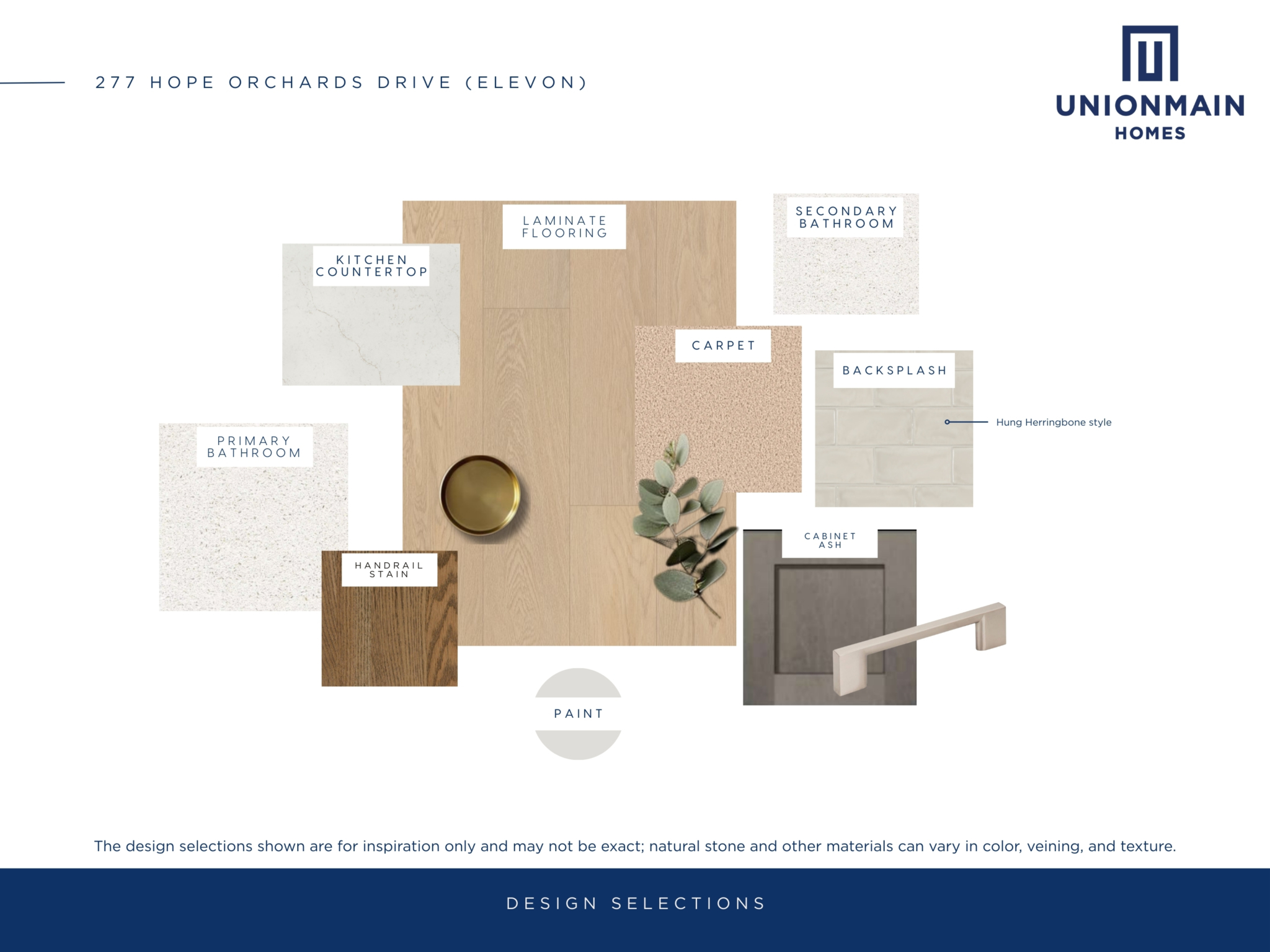 The design selections in 277 Hope Orchards Drive showing the colors of the flooring, cabinets, countertops and more.
