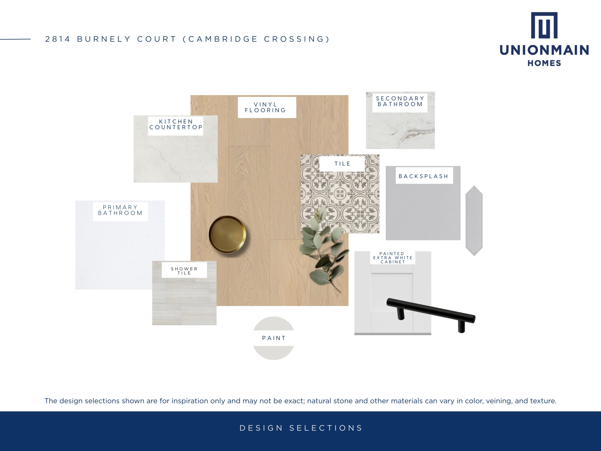 The design selections in 2814 Burnely Court showing the cabinets, countertops, flooring and more.