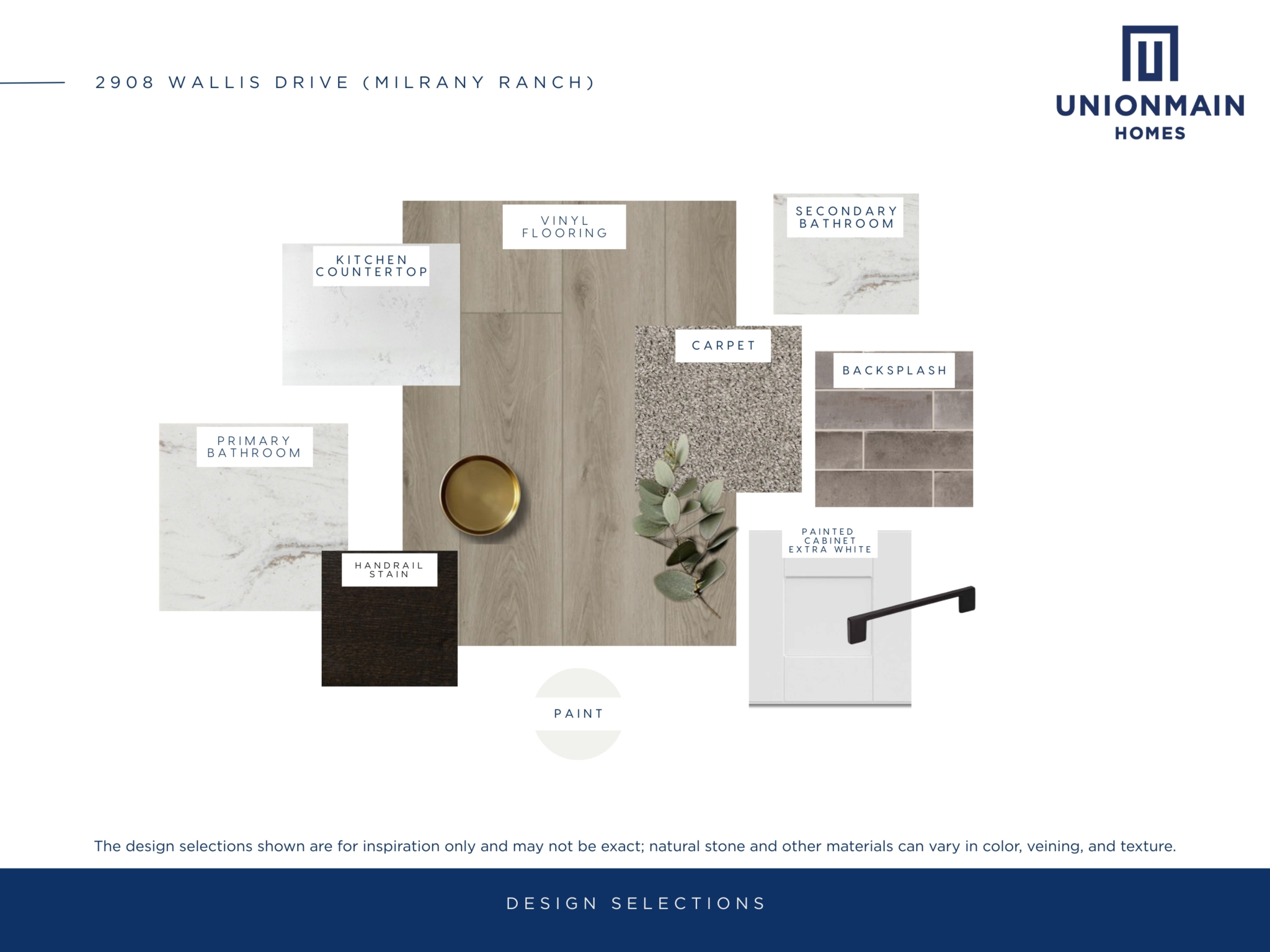 The design selections in 2908 Wallis Drive showing the flooring, cabinets, countertops and more.