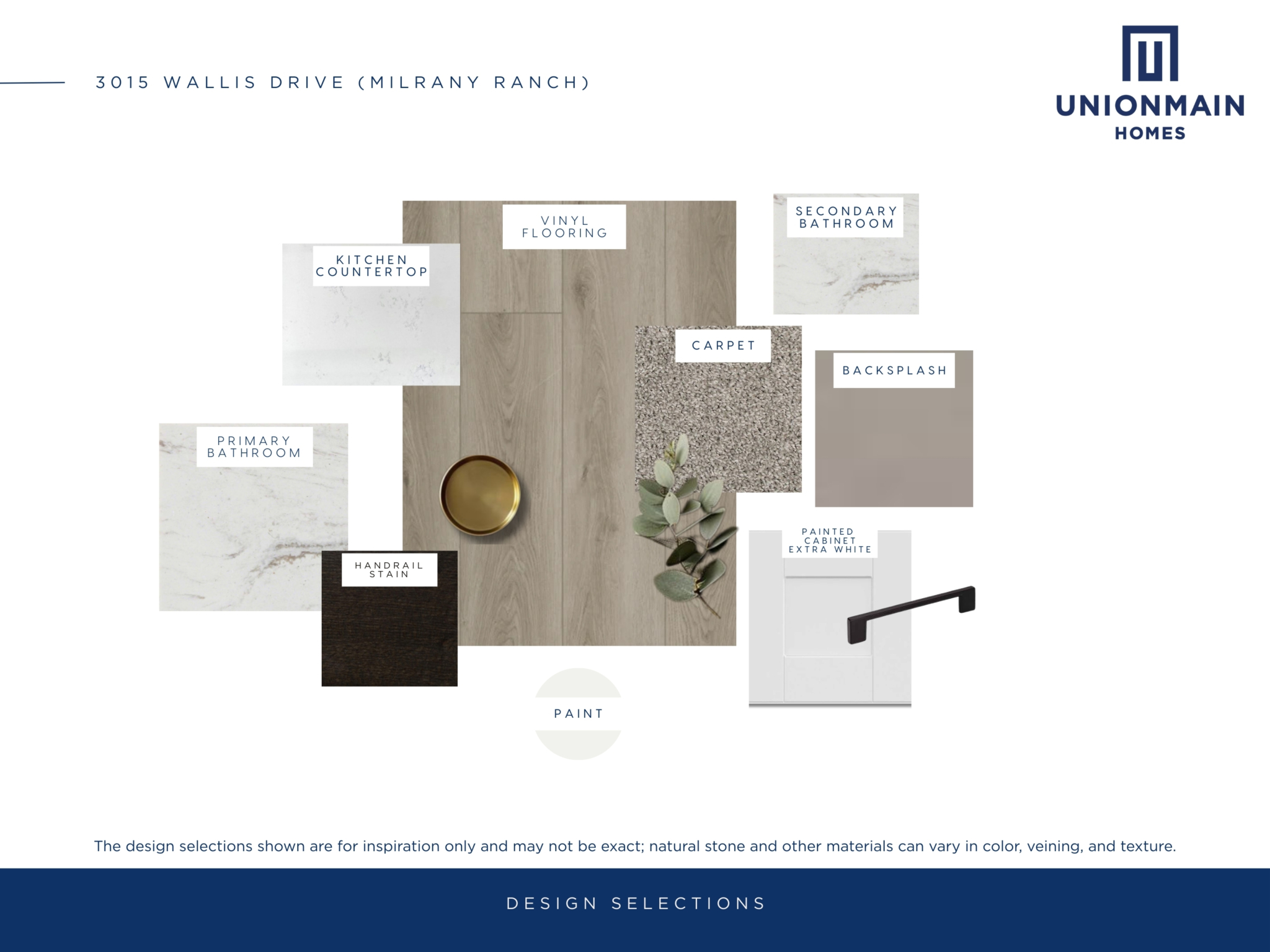 The design selections showing 3015 Wallis Drive including the flooring, cabinets, and countertops.