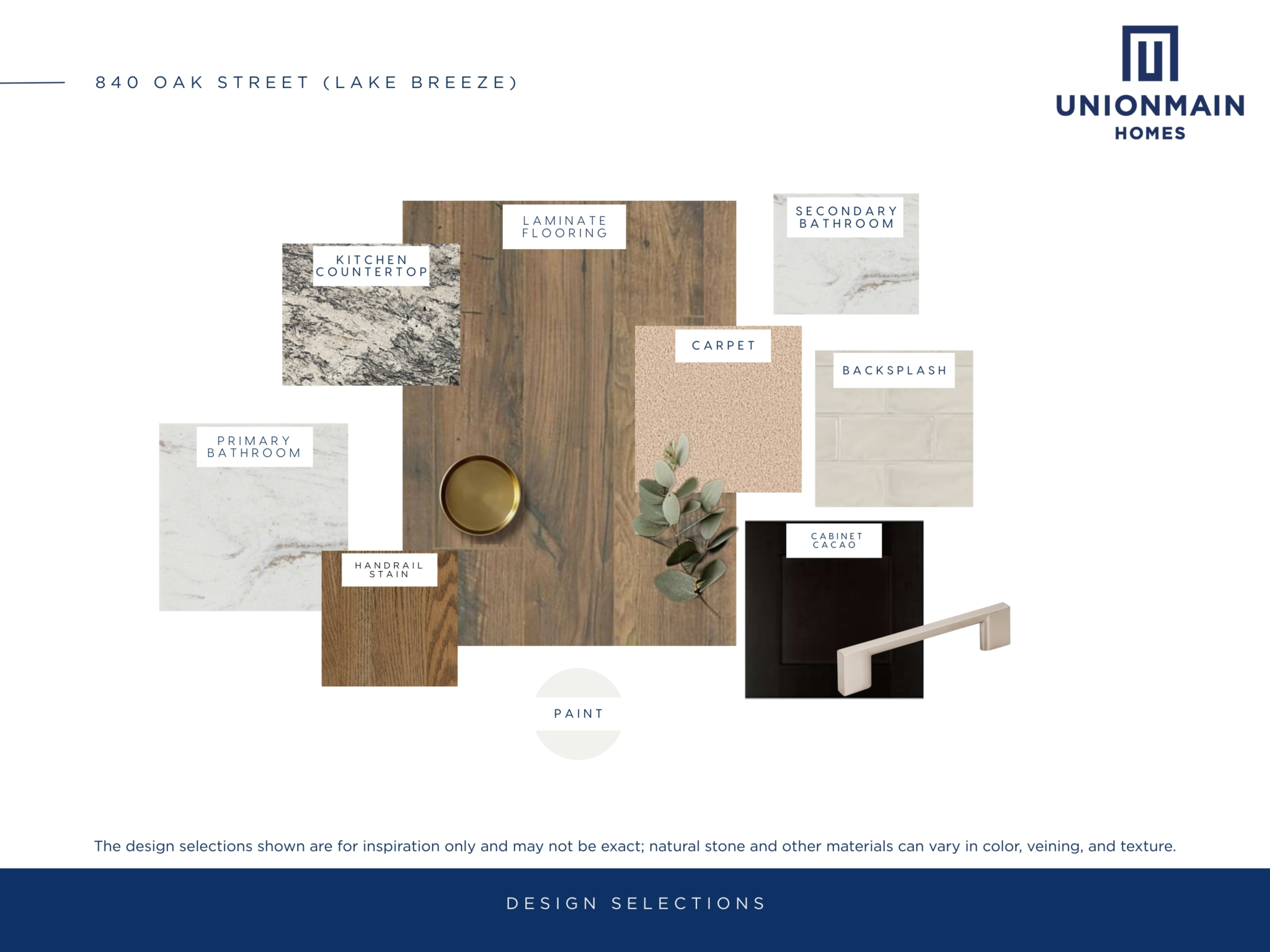 The design selections in 840 Oak Street showing the flooring, countertops and cabinets.
