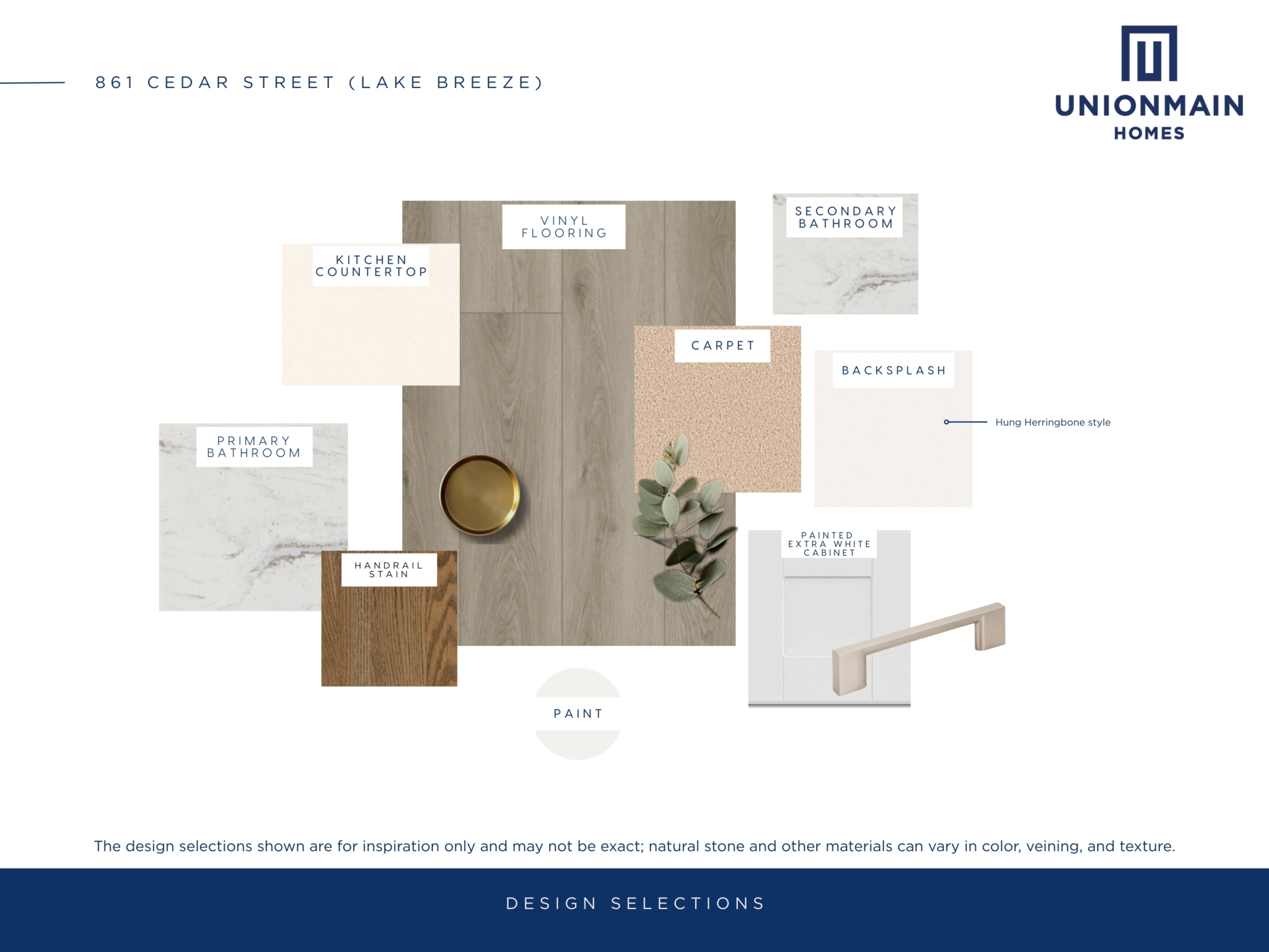 The design selections in 861 Cedar Street showing the flooring, cabinets and countertops.