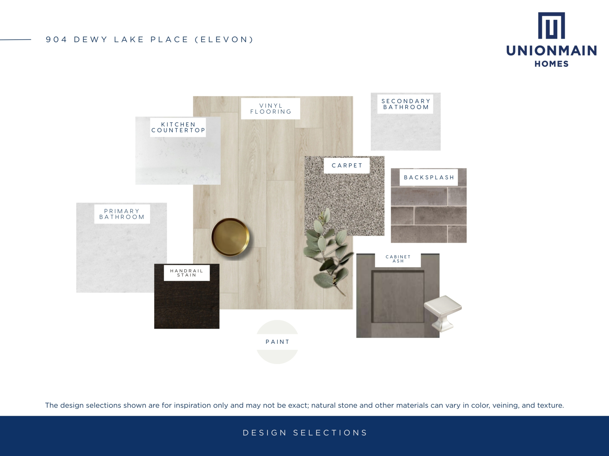 The design selections in 904 Dewy Lake Place showing the flooring, cabinets and countertops.