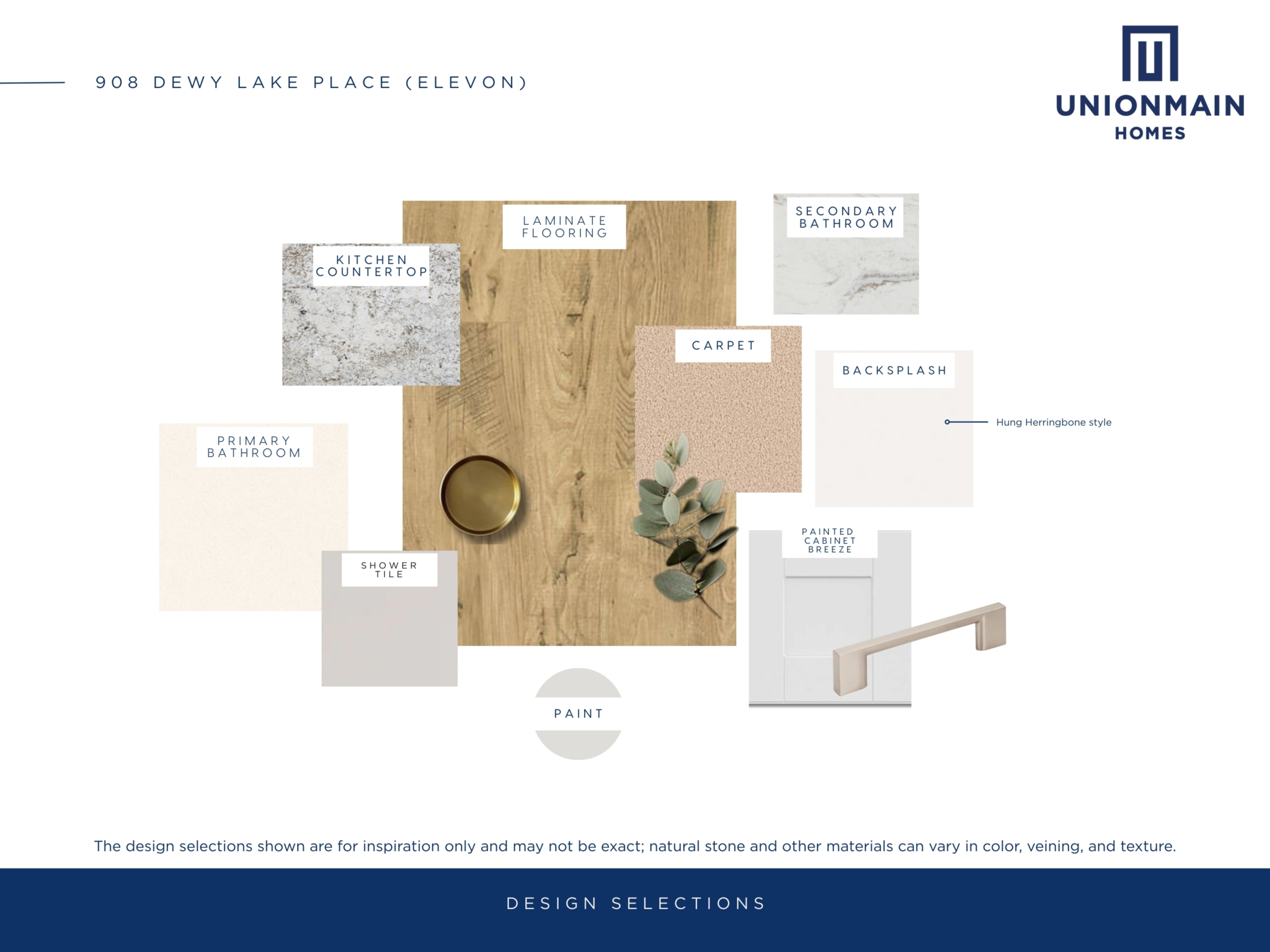 The design selections for 908 Dewy Lake Place showing the flooring, cabniets, countertops and more.