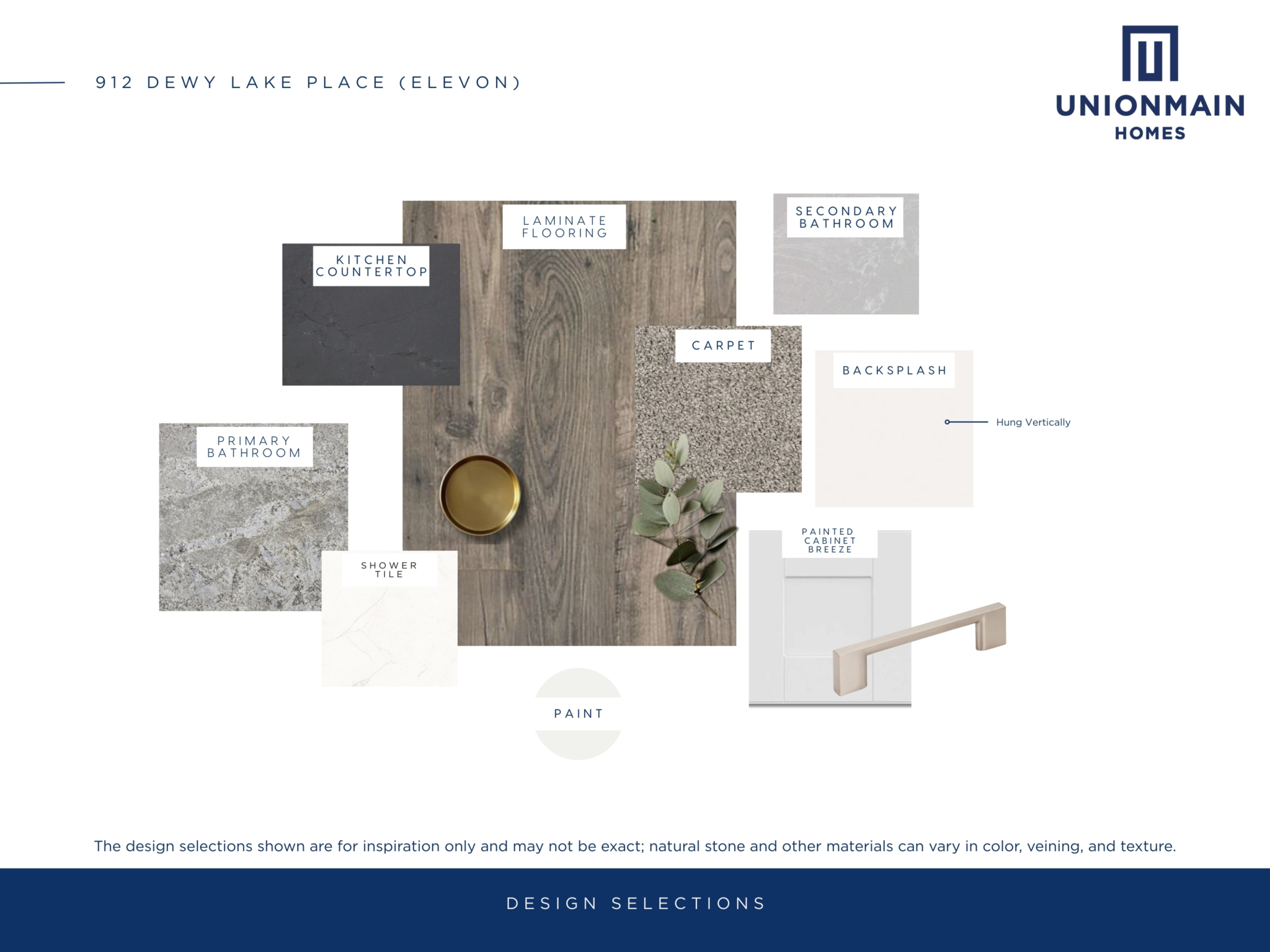 The design selections in 912 Dewy Lake Place showing the flooring, cabinets, countertops and more.