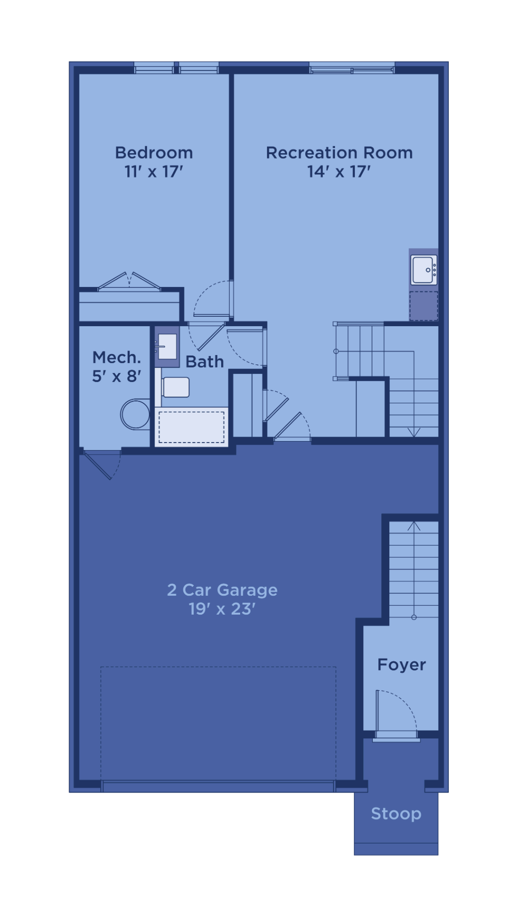 The first floor layout of a townhome available from UnionMain Homes.