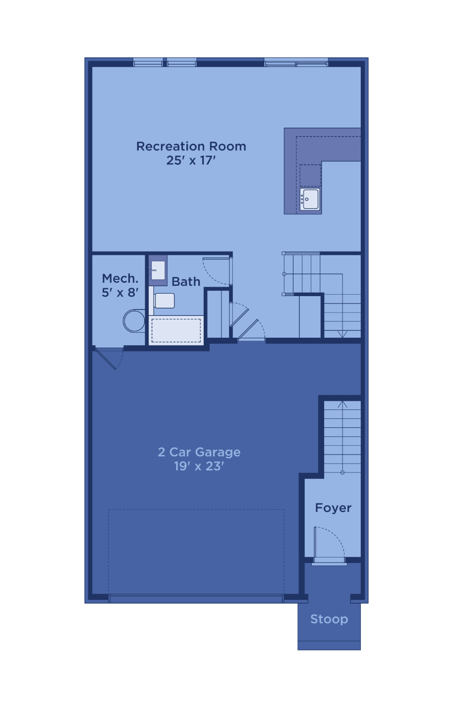 The first floor layout of a townhome available from UnionMain Homes.